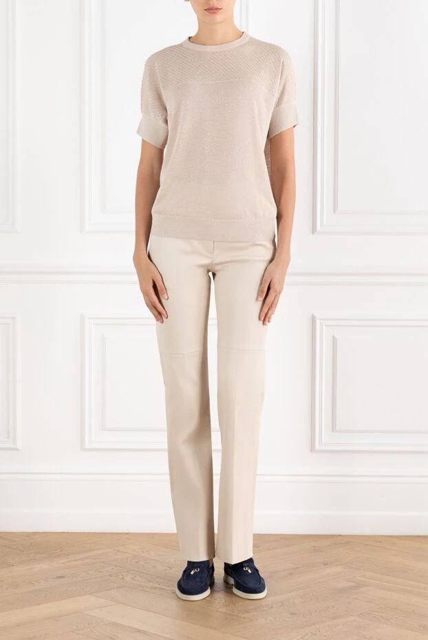 Women's leather flared trousers beige - photo 2