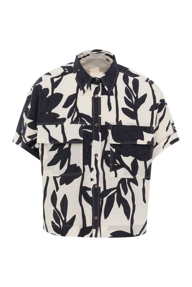 Женская блуза из хлопкового поплина с принтом листьев синяя - фото 1