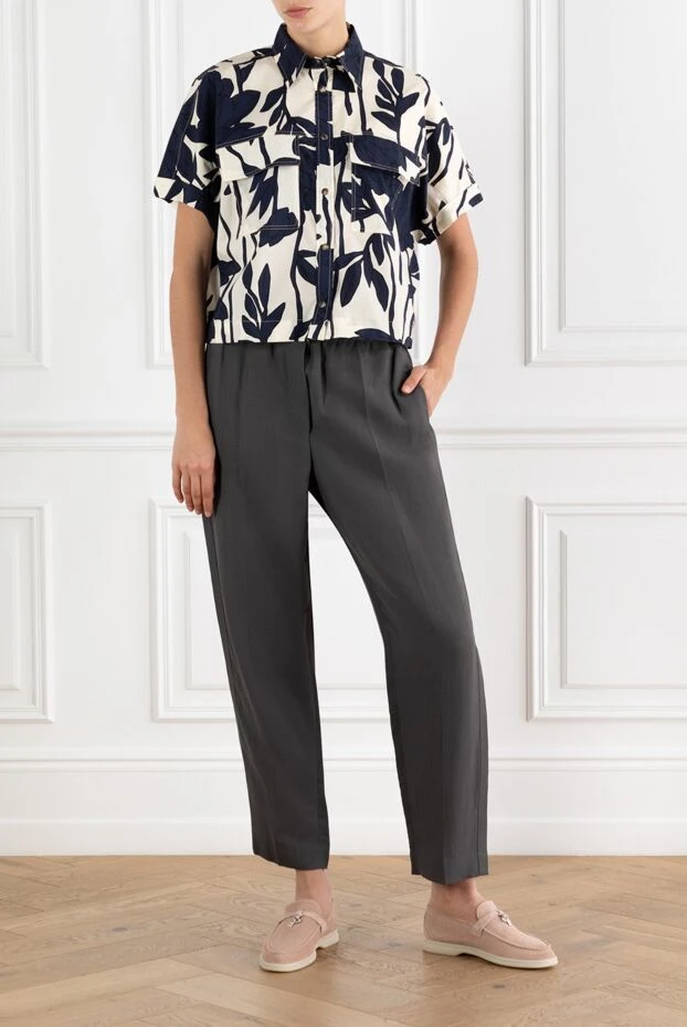 Brunello Cucinelli women's cotton poplin blouse with leaf print blue 188341 - photo 2