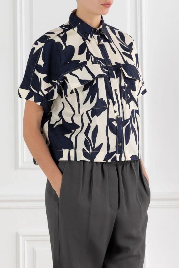 Brunello Cucinelli women's cotton poplin blouse with leaf print blue 188341 - photo 3