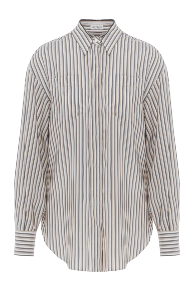 Женская рубашка из шелка в серую и бежевую полоску - фото 1