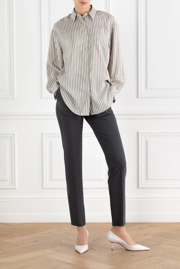 Brunello Cucinelli women's silk shirt in gray and beige stripes 188351 - photo 2