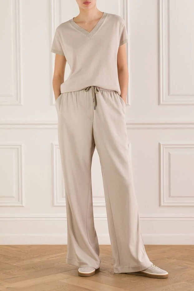 Brunello Cucinelli женские брюки travelwear из бежевого интерлока на основе хлопка и шелка 188373 - фото 2