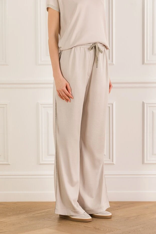 Brunello Cucinelli women's travelwear trousers in beige cotton and silk interlock 188373 - photo 3