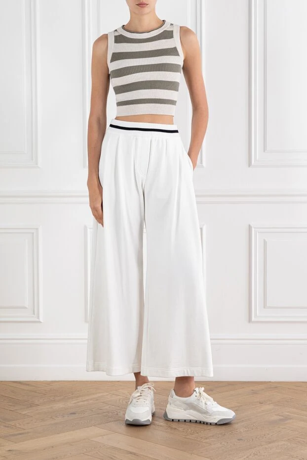 Brunello Cucinelli knitted white wide-leg cotton trousers with elastic 188378 - photo 2