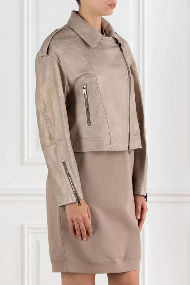 Brunello Cucinelli байкерская кожаная куртка бежевая женская 188402 - фото 3
