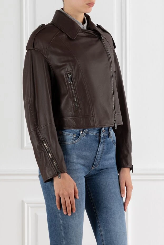 Brunello Cucinelli байкерская кожаная куртка коричневая женская 188403 - фото 3