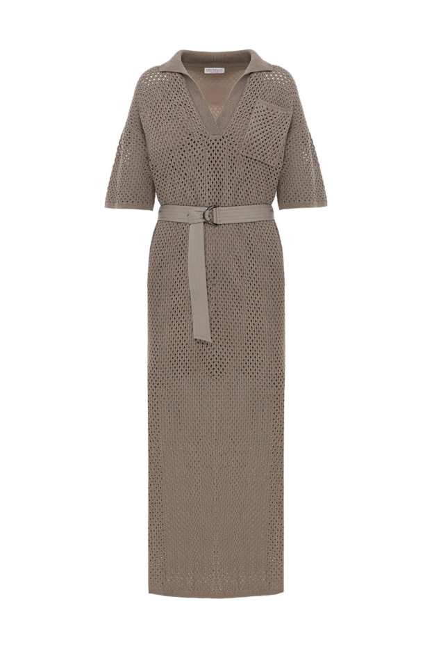 Платье миди в технике кроше бежевое с поясом - фото 1