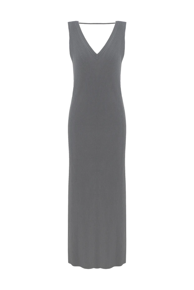 Платье макси из хлопка в рубчик серое украшенное бисером - фото 1