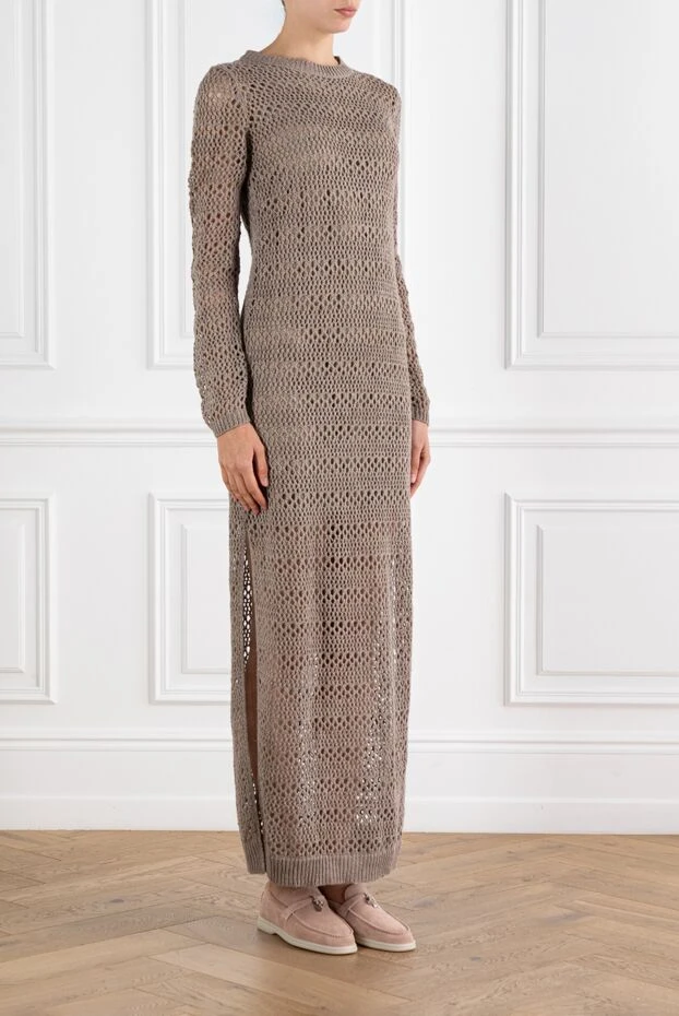 Brunello Cucinelli beige linen silk mesh midi dress with slits 188411 - photo 3