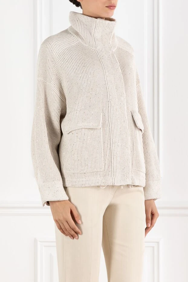 Brunello Cucinelli бежевый кардиган в рубчик с накладными карманами из хлопка 188426 - фото 3