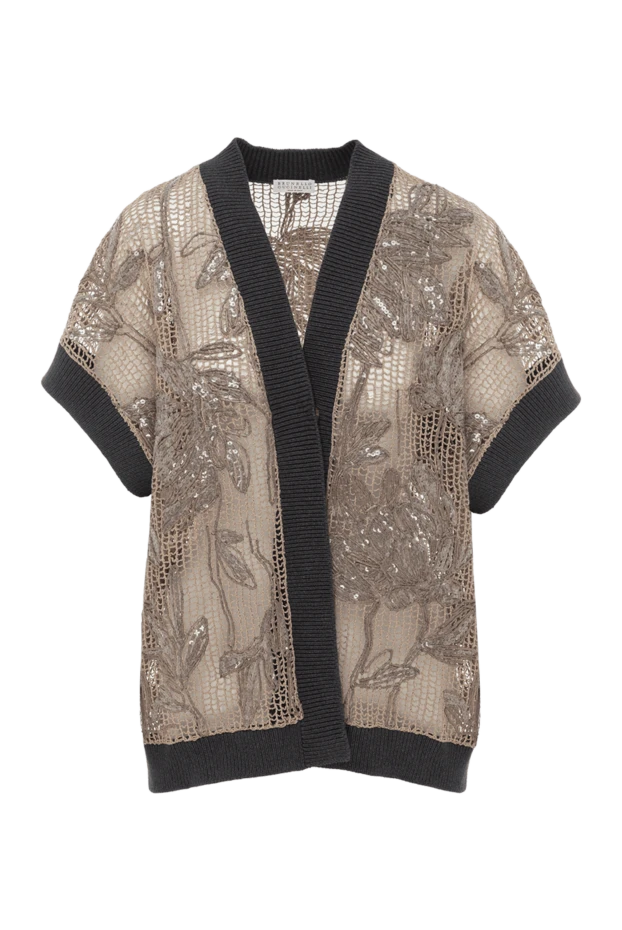 Коричневый кардиган сетчатый с цветочной вышивкой из хлопка - фото 1