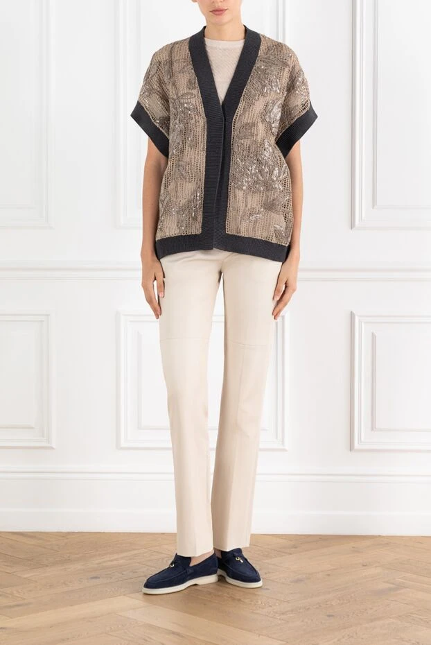 Коричневый кардиган сетчатый с цветочной вышивкой из хлопка - фото 2