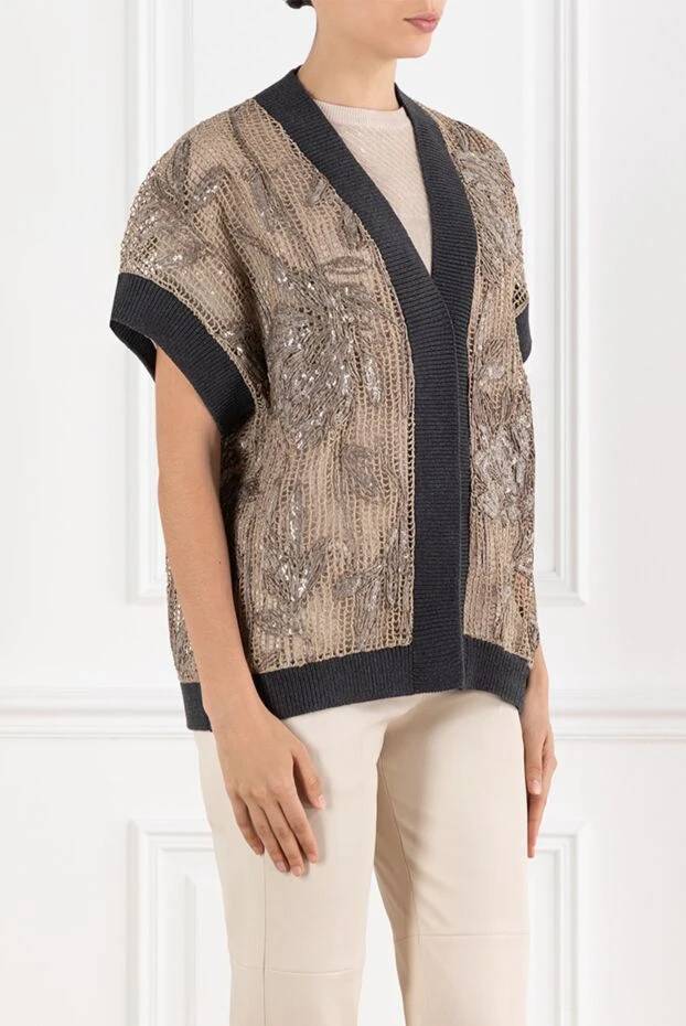 Brunello Cucinelli коричневый кардиган сетчатый с цветочной вышивкой из хлопка 188427 - фото 3