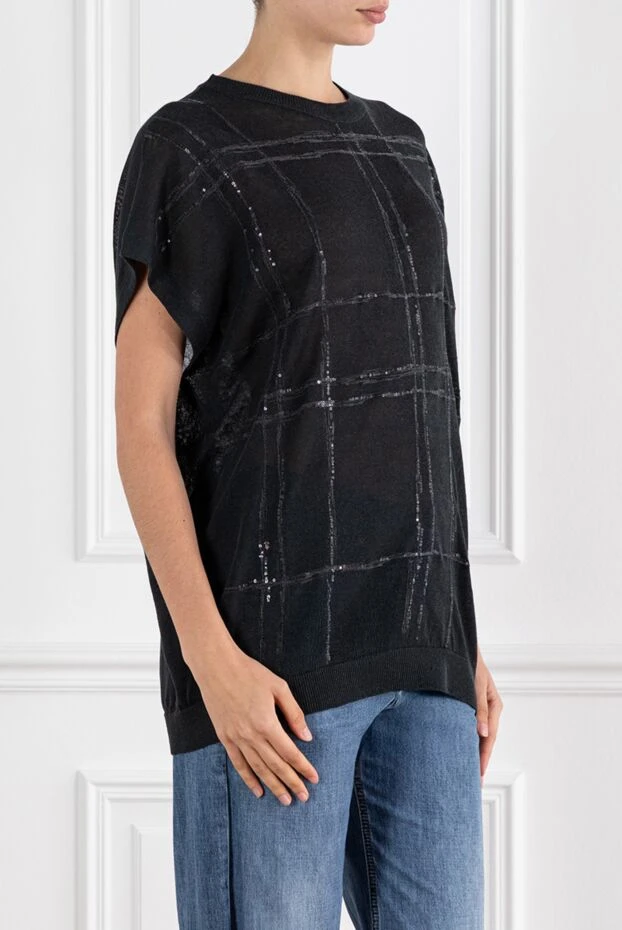 Brunello Cucinelli linen crew neck top in large check 188431 - photo 3