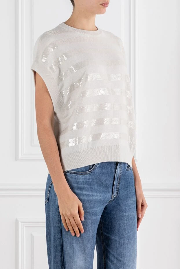 Brunello Cucinelli cashmere sleeveless jumper decorated with sequins beige 188440 - photo 3