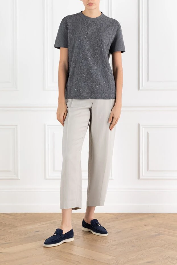 Brunello Cucinelli серая футболка c вышивкой пайетками хлопковая женская 188442 - фото 2