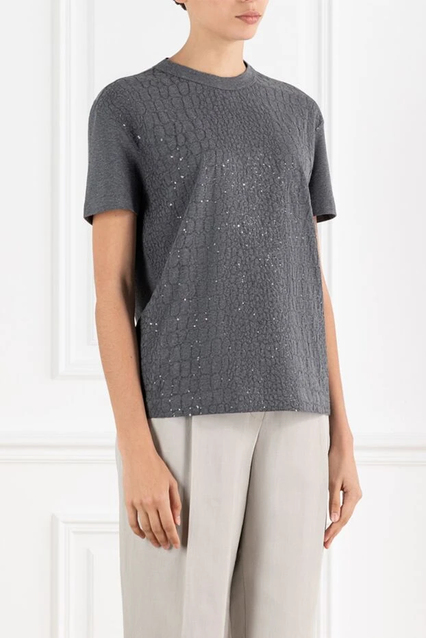 Brunello Cucinelli серая футболка c вышивкой пайетками хлопковая женская 188442 - фото 3
