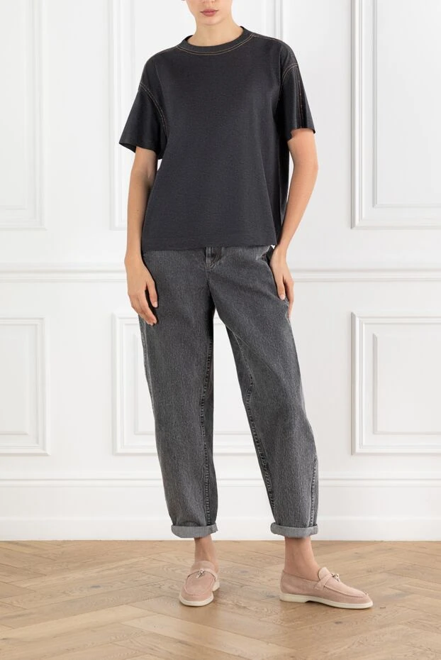 Brunello Cucinelli футболка из хлопка темно-серая с контрастной строчкой 188444 - фото 3