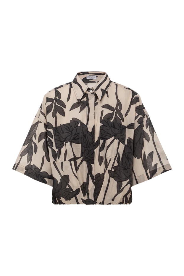 Женская блуза из хлопкового поплина с принтом листьев бежевая - фото 1