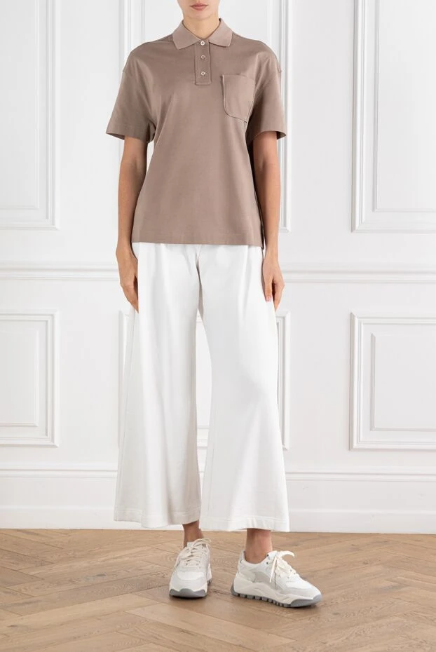 Бежевое женское поло с нагрудным карманом и цепочкой Мониль из хлопка - фото 1