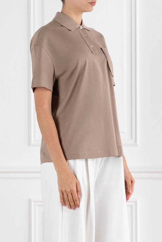Brunello Cucinelli бежевое женское поло с нагрудным карманом и цепочкой мониль из хлопка 188464 - фото 2