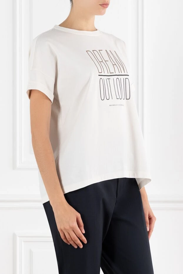 Brunello Cucinelli футболка хлопковая с принтом dream out loud бежевая женская 188472 - фото 3
