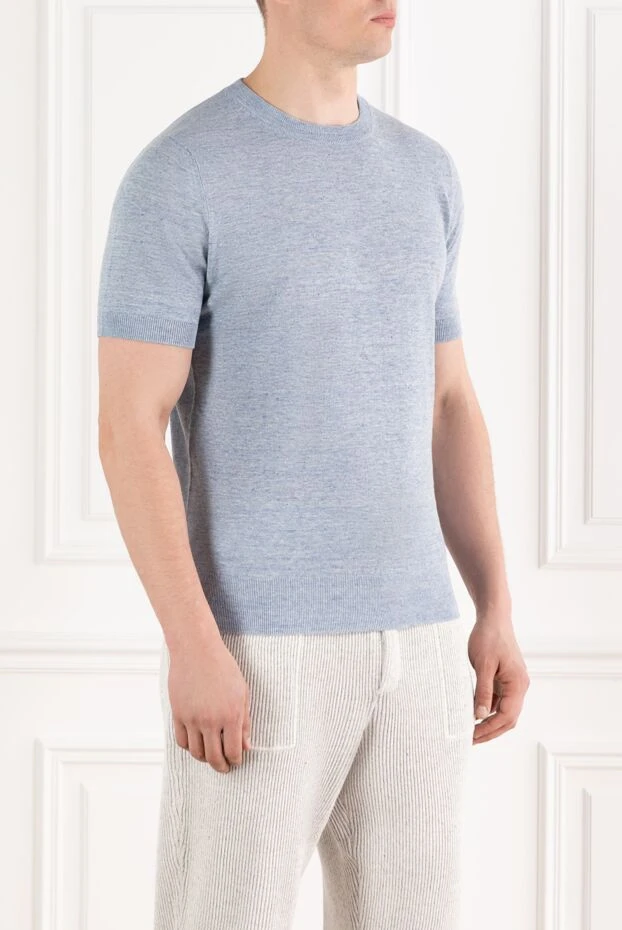 Brunello Cucinelli көк меланж зығыр матасы мен мақтадан жасалған ерлер футболкасы 188702 - фото 3