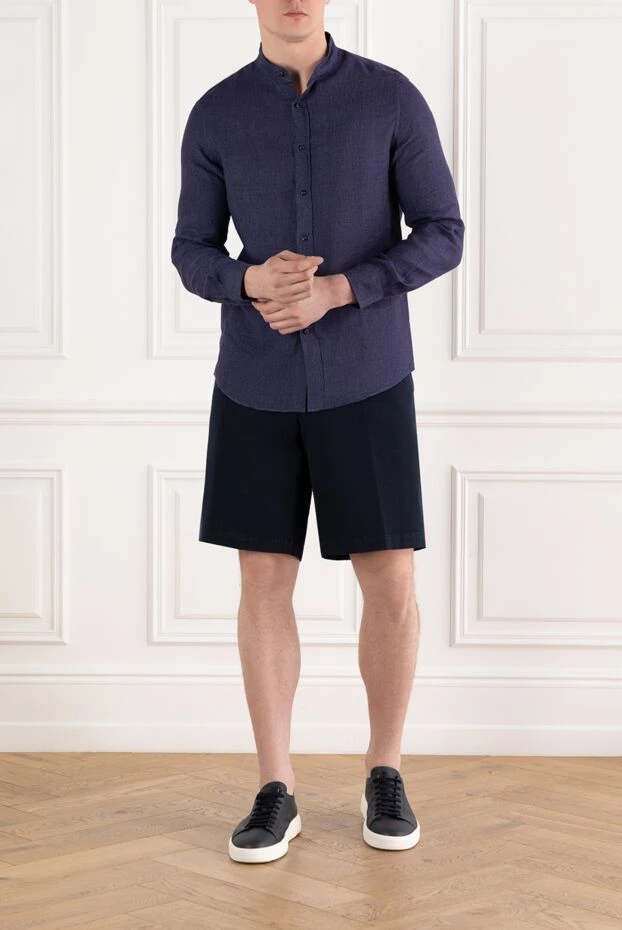 Brunello Cucinelli мужская рубашка из льна синяя с воротником стойкой 188728 - фото 2