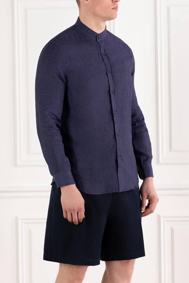 Brunello Cucinelli men's linen shirt blue with stand-up collar 188728 - photo 3
