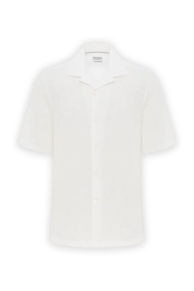 Льняная тенниска белая мужская на пуговицах - фото 1