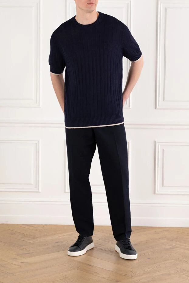 Brunello Cucinelli зығыр және мақта матадан, көк түсті жалпақ қырлы өрнегі бар футболка 188741 - фото 2