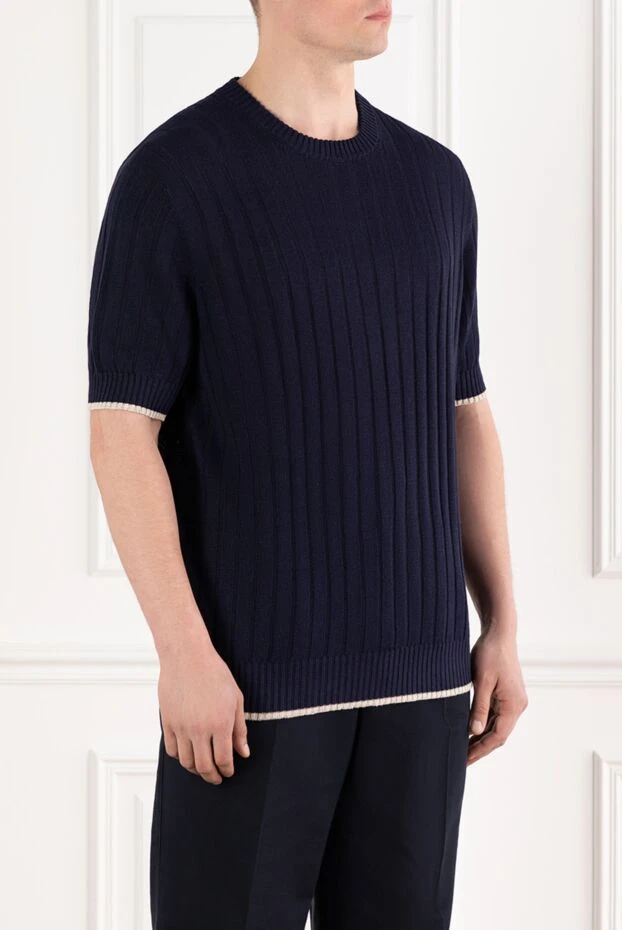 Brunello Cucinelli зығыр және мақта матадан, көк түсті жалпақ қырлы өрнегі бар футболка 188741 - фото 3