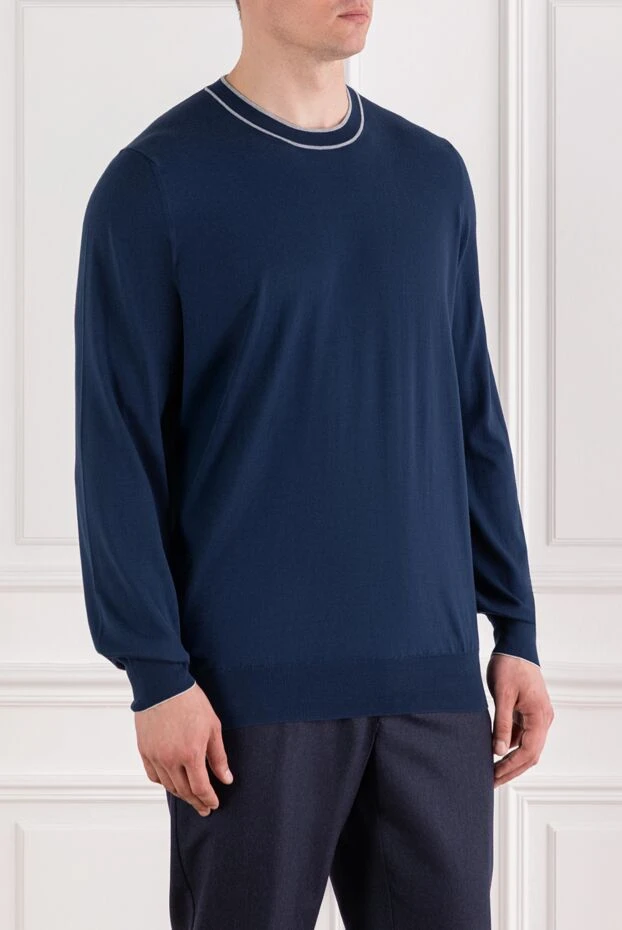 Brunello Cucinelli жағасы түтіктері бар ерлер көк мақталы джемпер 188749 - фото 3