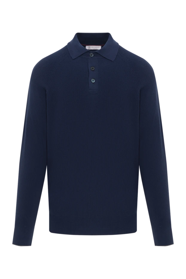 Поло из хлопка с длинным рукавом синее в рубчик - фото 1