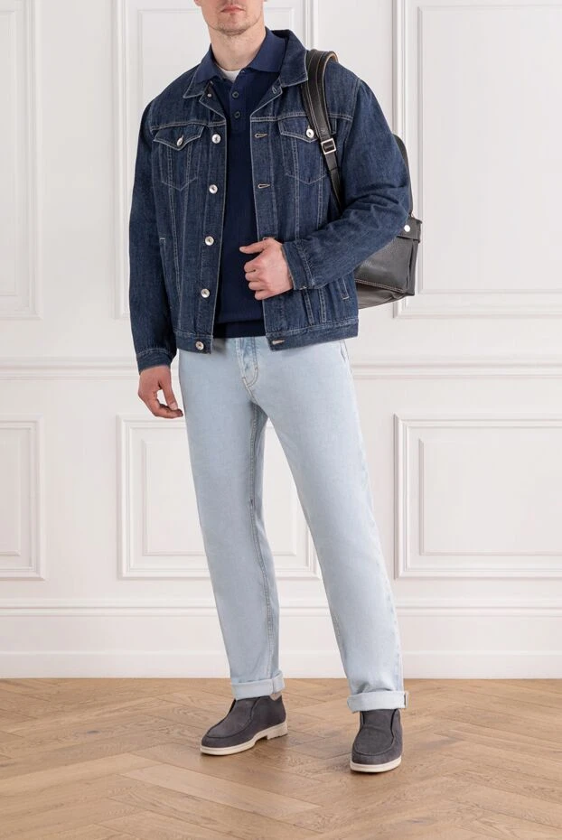 Поло из хлопка с длинным рукавом синее в рубчик - фото 2