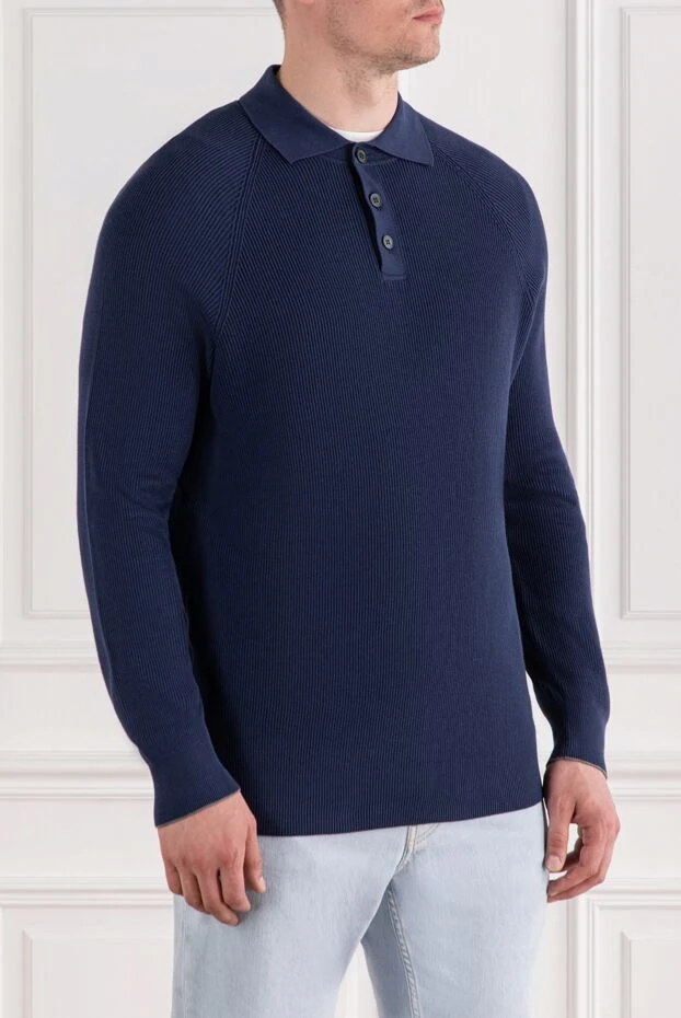 Brunello Cucinelli поло из хлопка с длинным рукавом синее в рубчик 188755 - фото 3