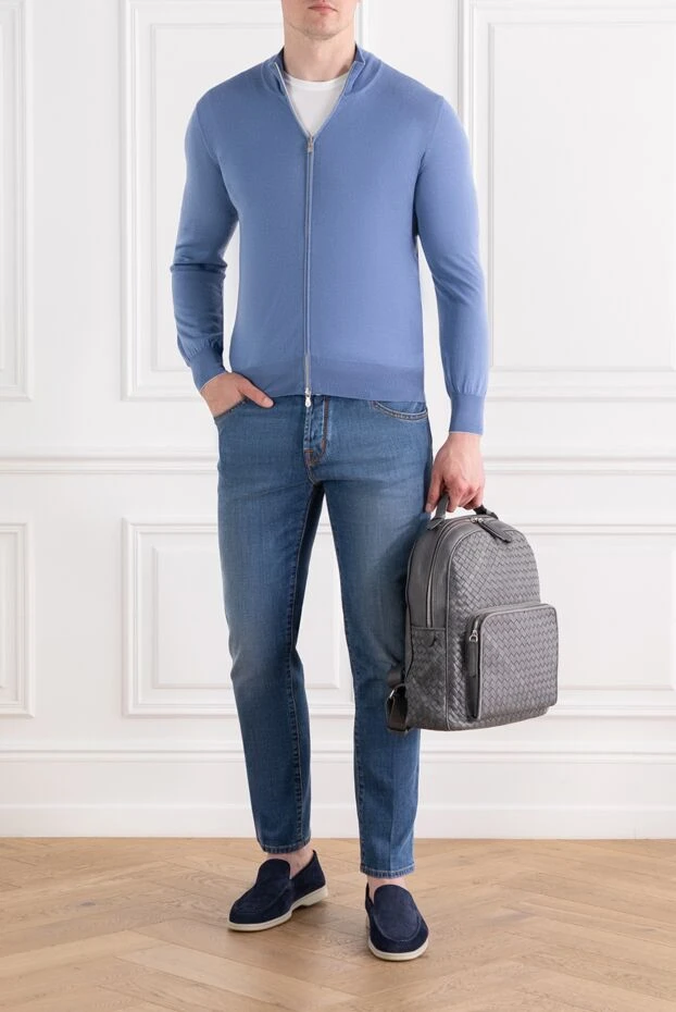 Brunello Cucinelli кашемирден жасалған найзағайлы көк түсті ерлер тоқылған кардиганы 188760 - фото 2