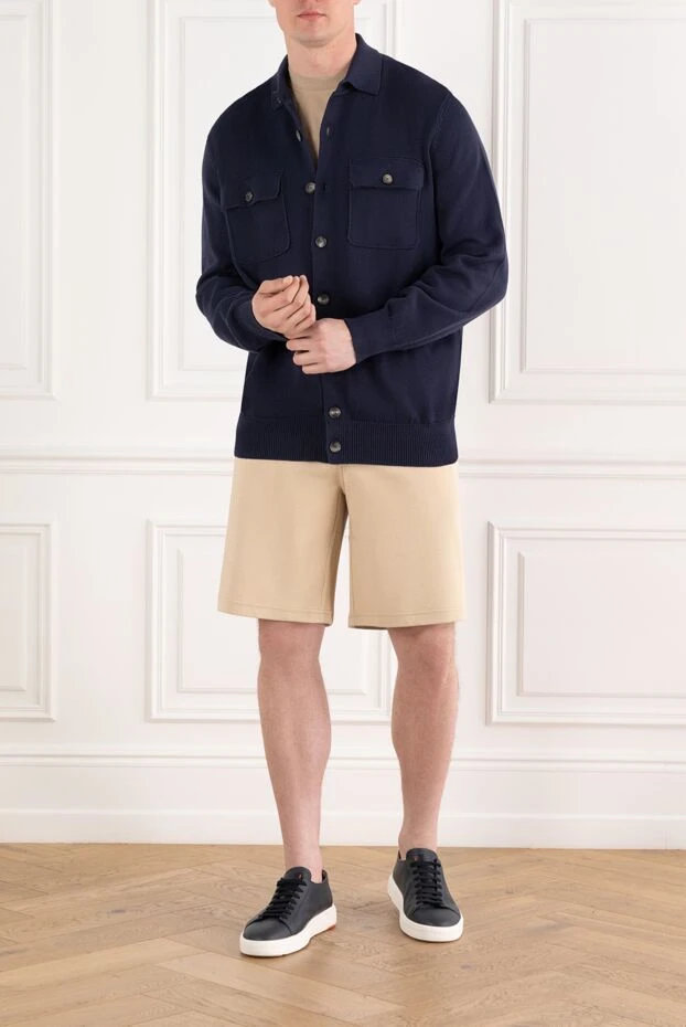 Синий трикотажный кардиган из хлопка с накладными карманами - фото 1