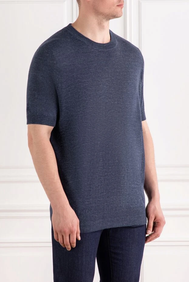 Brunello Cucinelli blue melange men's t-shirt without a pattern made of linen and cotton 188779 - photo 3