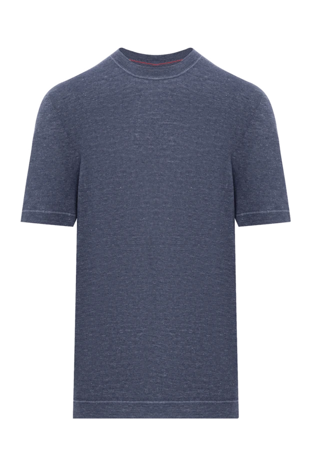 Blue men's T-shirt without a pattern made of linen and cotton - photo 1