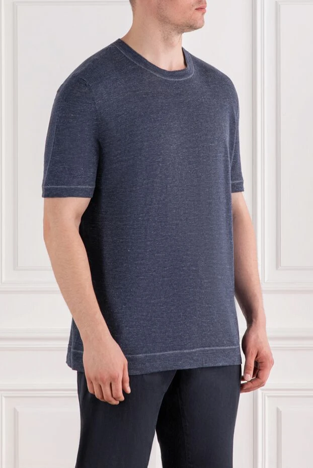 Brunello Cucinelli blue men's t-shirt without a pattern made of linen and cotton 188780 - photo 3