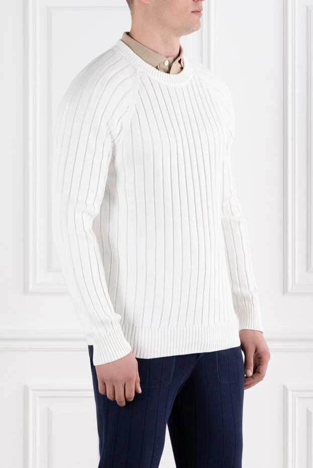 Brunello Cucinelli men's cotton ribbed jumper with a round neckline in white 188783 - photo 3