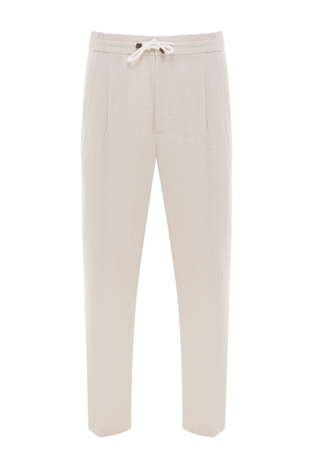 Бежевые брюки с защипами из льна и шерсти в мелкую клетку на завязке - фото 1