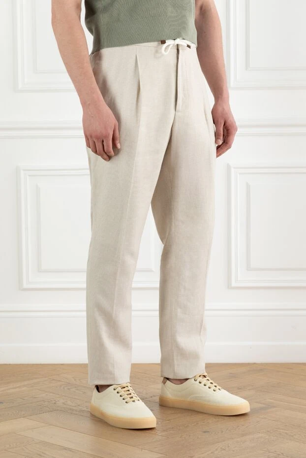 Brunello Cucinelli beige linen and wool fine check pleated trousers with drawstring 188792 - photo 3