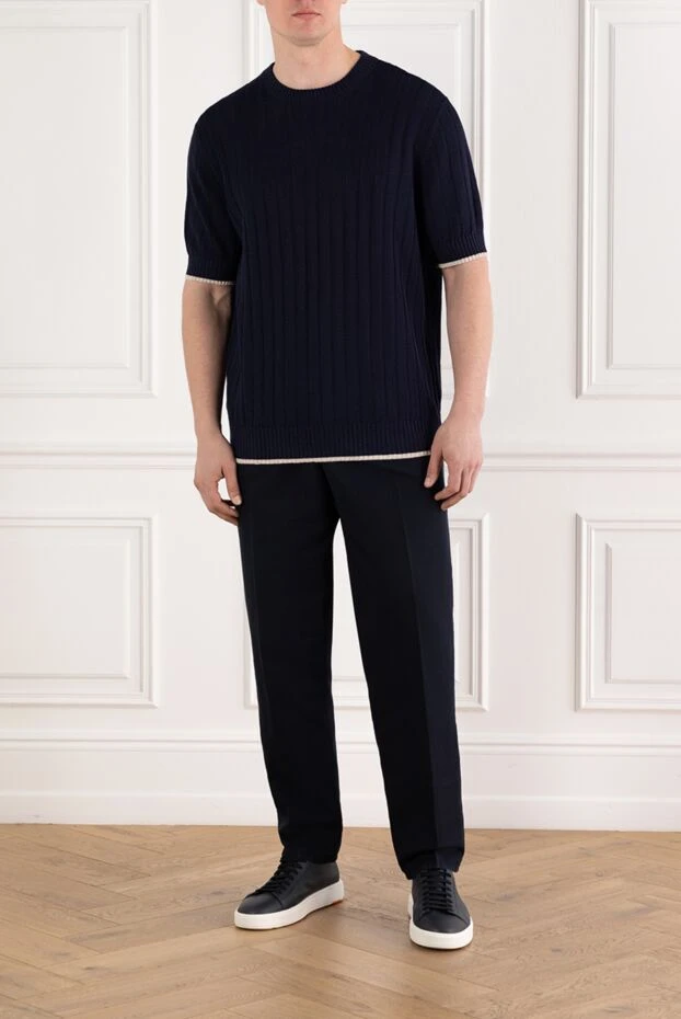 Brunello Cucinelli men's navy blue linen cotton drawstring trousers with pleats 188794 - photo 2