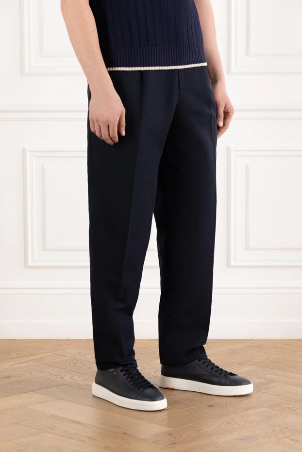 Brunello Cucinelli men's navy blue linen cotton drawstring trousers with pleats 188794 - photo 3