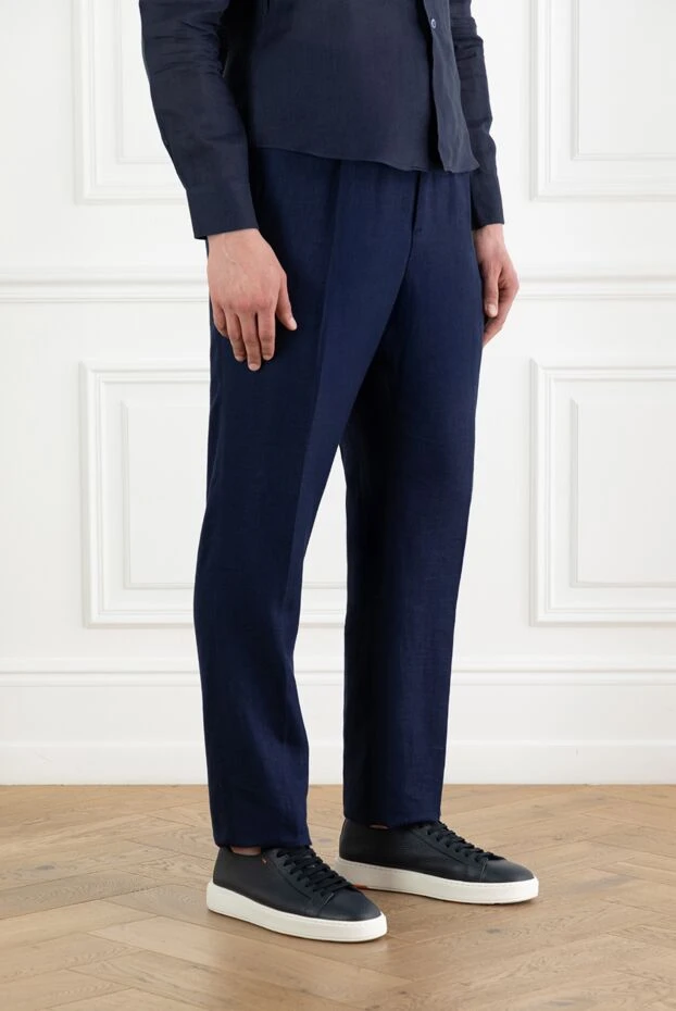 Brunello Cucinelli blue men's trousers with pleats made of linen wool and silk 188800 - photo 3