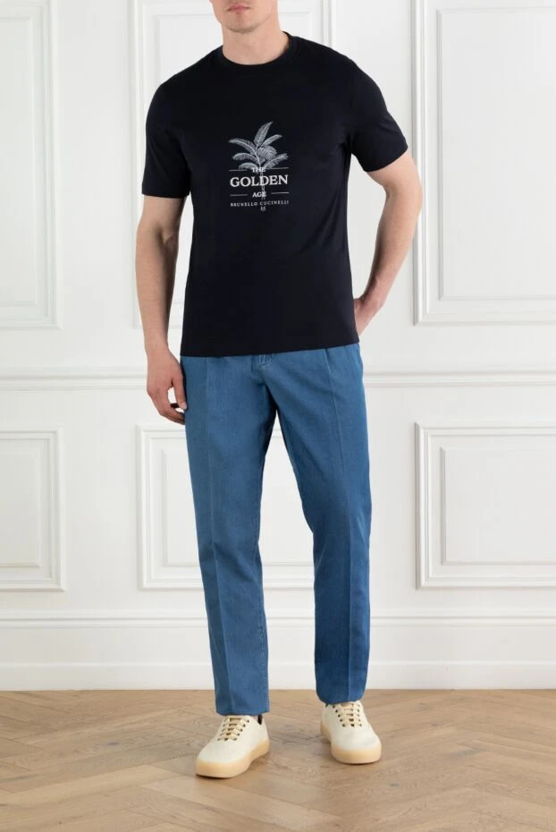 Brunello Cucinelli light blue men's cotton trousers with pinch drawstring 188802 - photo 2