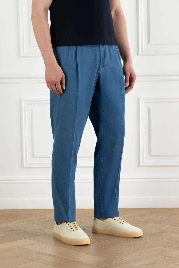 Brunello Cucinelli light blue men's cotton trousers with pinch drawstring 188802 - photo 3